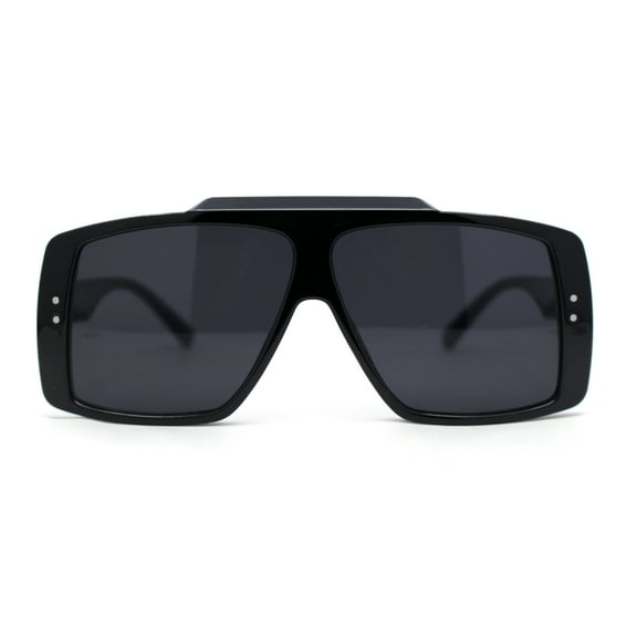 Stylish Mens Bold Squared Rectangle Flat Top Racer Plastic Sunglasses All Black