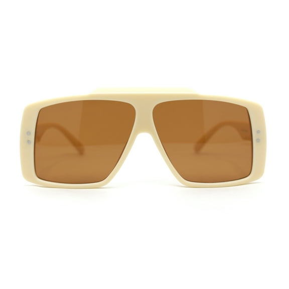 Stylish Mens Bold Squared Rectangle Flat Top Racer Plastic Sunglasses Ivory - Brown