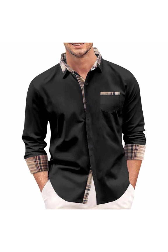 Stylish Mens Shirt 2026 Summer Casual Everyday Leisure Button Mock Pocket Lattice Flip Collar Long Sleeves Shirt