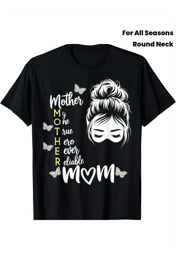 Stylish Messy Bun Mom Life Graphic T-Shirt for Women, Cute Butterfly My One True Hero Mother Appreciation Tee, Comfortable Round Neck Top, Perfect Gift for Her