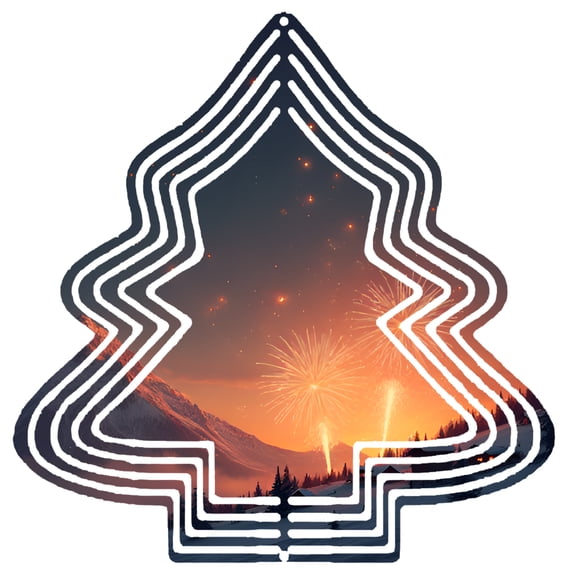 Stylish Metal Hanging Christmas Tree Wind Spinner - Abstract Design with Vibrant Fireworks & Snowy Mountain Scene for Garden Decor