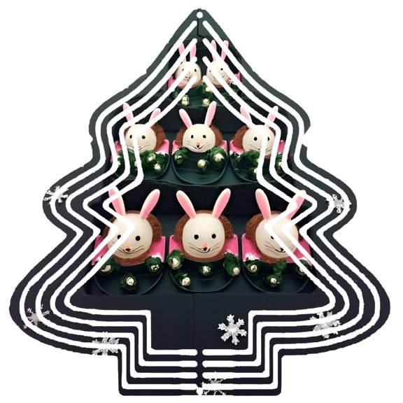 Stylish Metal Hanging Christmas Tree Wind Spinner - Adorned with Cute Faces Pink Ears & Green Sweaters for Festive Yard Decor