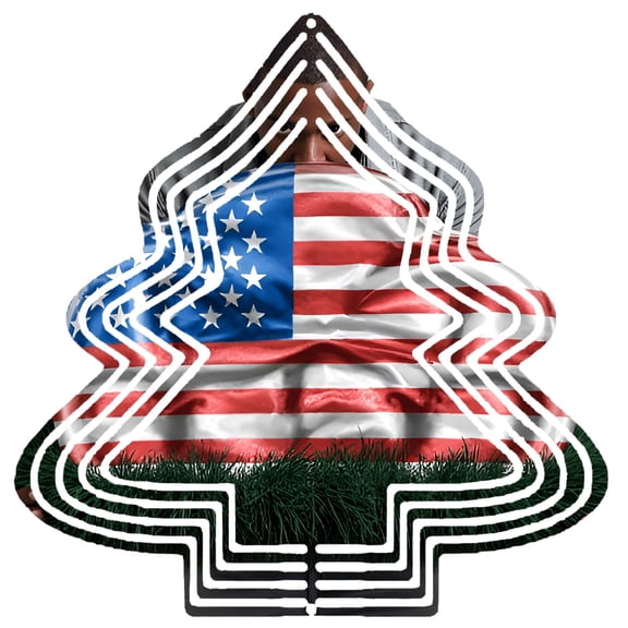 Stylish Metal Hanging Christmas Tree Wind Spinner - American Flag Top Layered Circles Festive Grass Base for Yard & Garden Decor