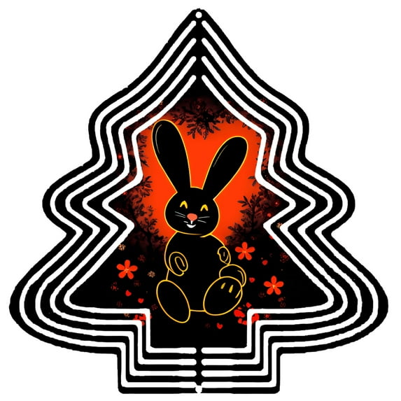 Stylish Metal Hanging Christmas Tree Wind Spinner - Black & White Geometric Design with Cheerful Rabbit & Red Flowers for Garden Decor