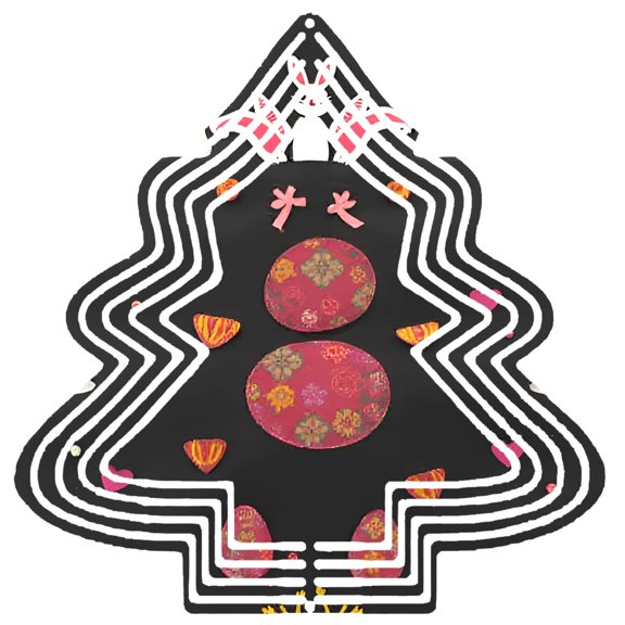 Stylish Metal Hanging Christmas Tree Wind Spinner - Black & White Outline with Floral Ornaments Geometric Shapes Ears for Garden Decor