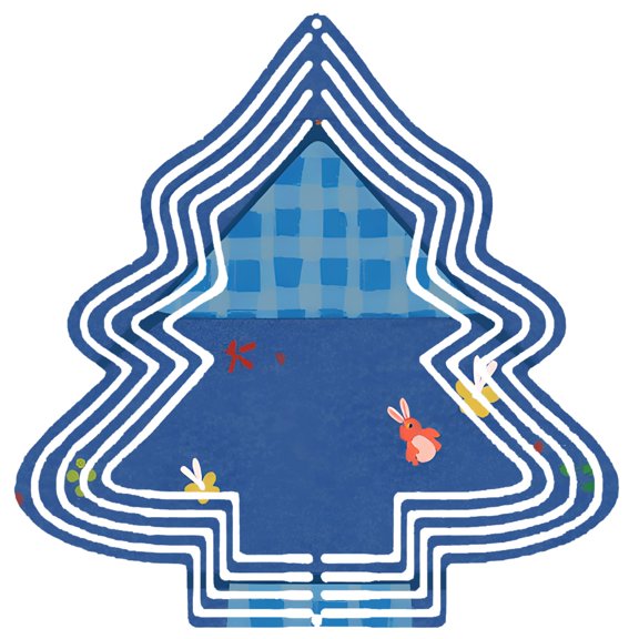 Stylish Metal Hanging Christmas Tree Wind Spinner - Blue Outline Checkered Pattern Colorful Flowers & Red Rabbit for Garden Decor