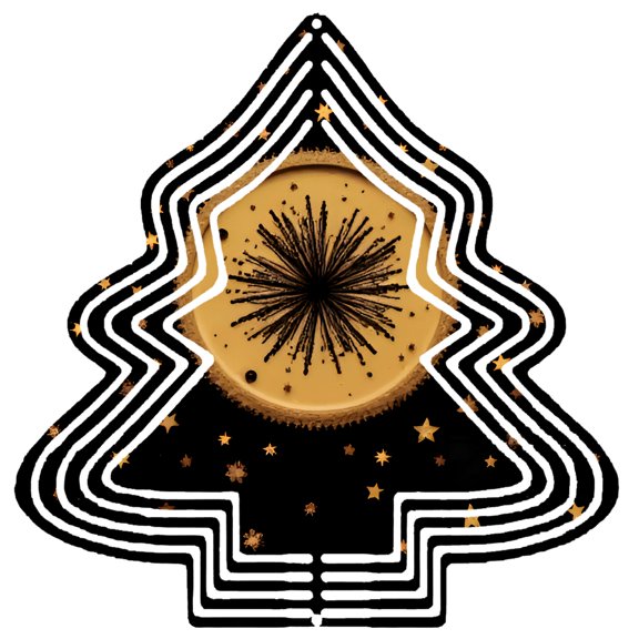 Stylish Metal Hanging Christmas Tree Wind Spinner - Concentric Black & White Rings with Golden Clock Face & Stars for Garden Decor