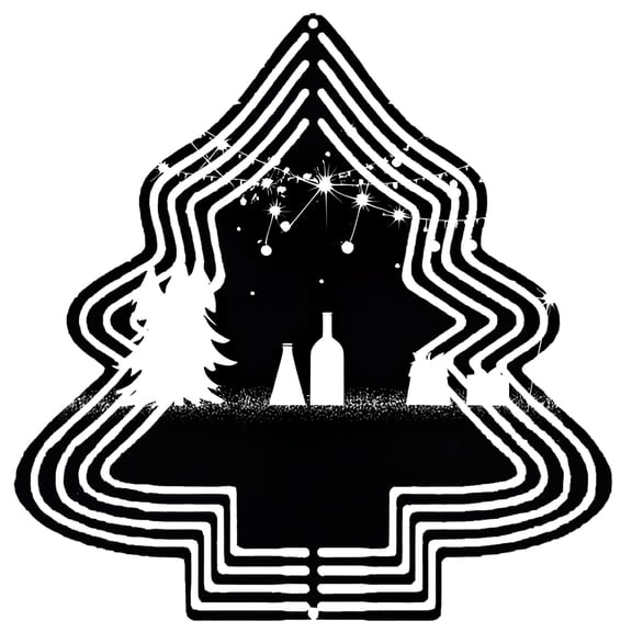 Stylish Metal Hanging Christmas Tree Wind Spinner - Concentric Circle Design with Pine Tree Bottle & House Silhouettes for Garden Decor