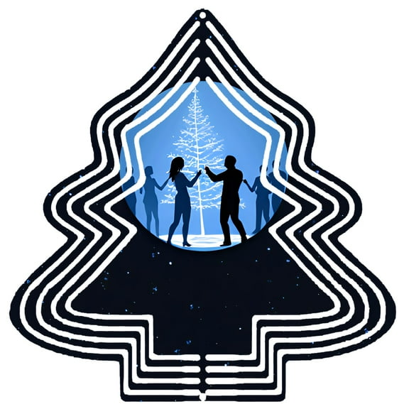 Stylish Metal Hanging Christmas Tree Wind Spinner - Concentric Circle Design with Silhouetted Dancers - Perfect for Garden Decor