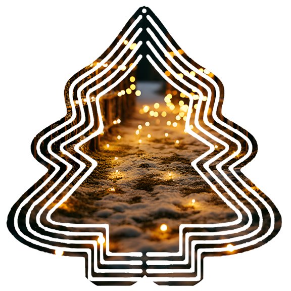 Stylish Metal Hanging Christmas Tree Wind Spinner - Concentric Lines Design with Snowy Landscape & Warm Lights for Garden Decor