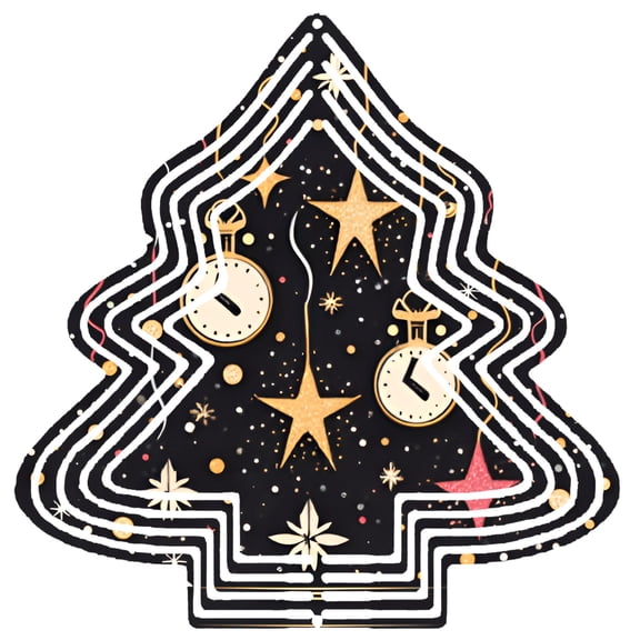 Stylish Metal Hanging Christmas Tree Wind Spinner - Concentric White Lines Golden Stars & Vintage Clocks - Perfect for Garden Decor