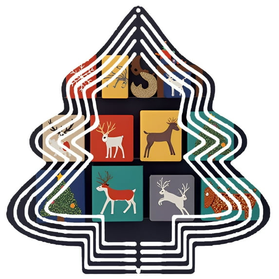 Stylish Metal Hanging Christmas Tree Wind Spinner - Concentric White Lines with Colorful Reindeer Illustrations for Garden Decor