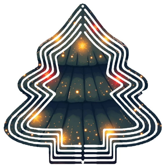 Stylish Metal Hanging Christmas Tree Wind Spinner - Dark Green Bark Pattern with White Outline & Orange Dot Lights for Garden Decor