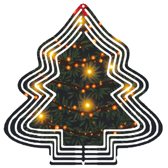 Stylish Metal Hanging Christmas Tree Wind Spinner - Dark Green with Orange & Yellow Ornaments White Outline Red Cap for Garden Decor
