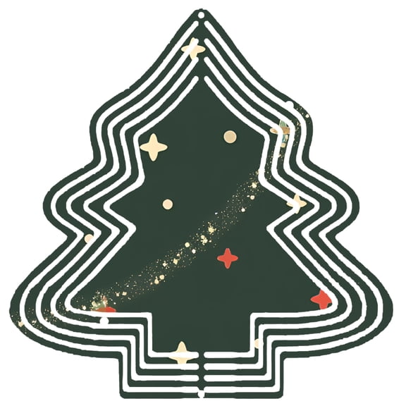 Stylish Metal Hanging Christmas Tree Wind Spinner - Dark Green with White Outlines Colorful Stars & Dots Perfect for Garden Decor