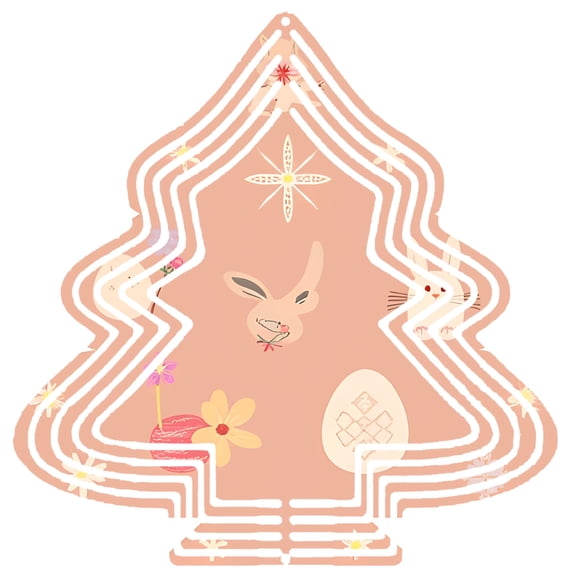 Stylish Metal Hanging Christmas Tree Wind Spinner - Decorative Garden Ornament with Rabbit Flower and Egg Patterns Soft Peach Background