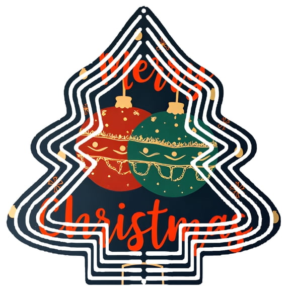 Stylish Metal Hanging Christmas Tree Wind Spinner - Double Outline Design with Colorful Ornaments & Festive ' Merry Christmas ' Text