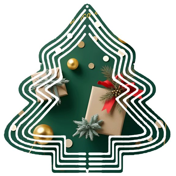 Stylish Metal Hanging Christmas Tree Wind Spinner - Elegant Green Design with Festive Ornaments Gift Boxes & Red Bows for Garden Decor