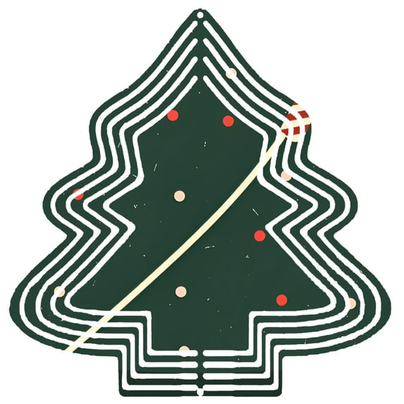 Stylish Metal Hanging Christmas Tree Wind Spinner - Festive Dark Green Design with White Lines & Colorful Baubles for Garden Decor