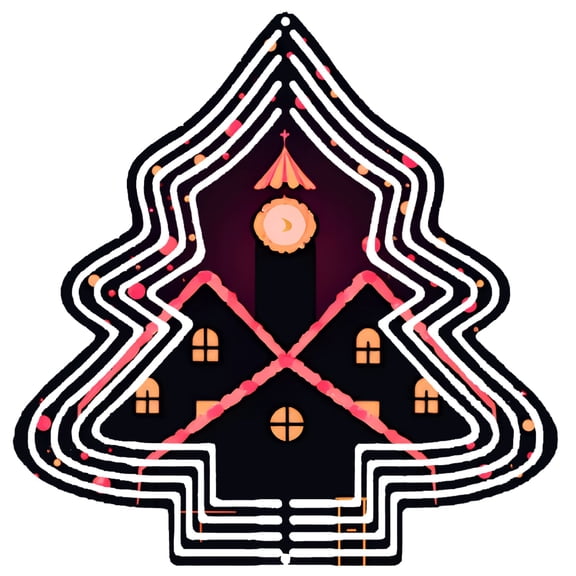 Stylish Metal Hanging Christmas Tree Wind Spinner - Festive Design with Concentric Lines Black House & Clock Tower for Garden Decor