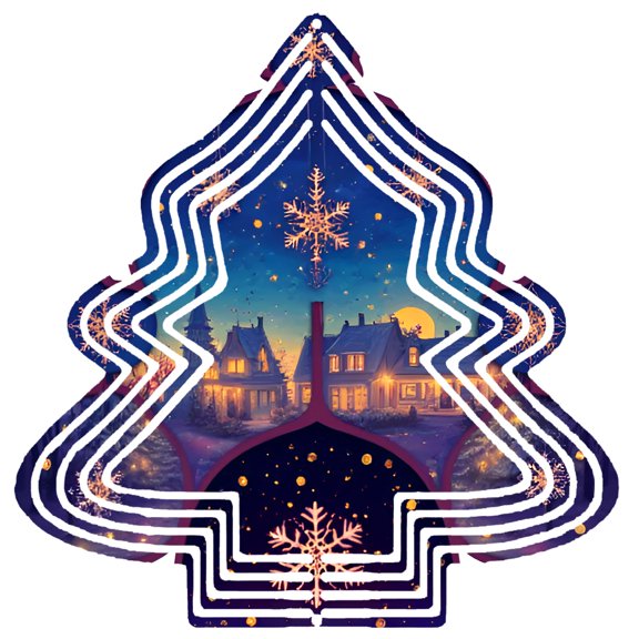 Stylish Metal Hanging Christmas Tree Wind Spinner - Festive Design with Cozy Village Scene Snowflakes & Moonlight for Garden Decor