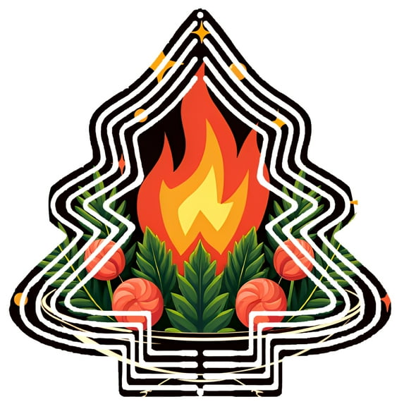 Stylish Metal Hanging Christmas Tree Wind Spinner - Festive Design with Flame Center Surrounded by Green Foliage & Candy Canes for Garden Decor