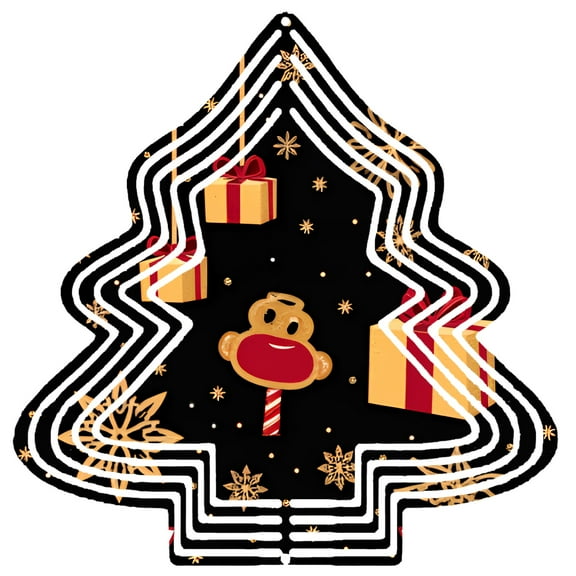 Stylish Metal Hanging Christmas Tree Wind Spinner - Festive Design with Gift Boxes Monkey Character & Snowflakes for Garden Decor