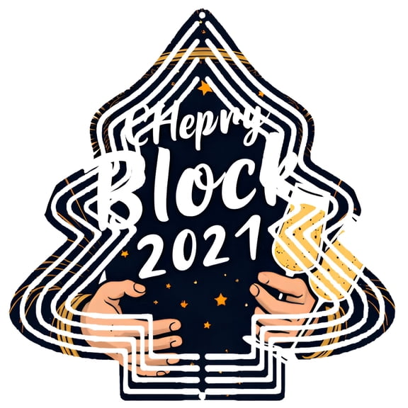 Stylish Metal Hanging Christmas Tree Wind Spinner - Festive Design with Layered Outline Stars and ' Happy Block 2021 ' Sign for Garden Decor