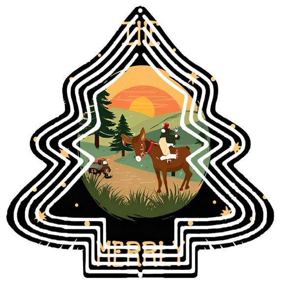 Stylish Metal Hanging Christmas Tree Wind Spinner - Festive Design with Scenic Sunset Pine Tree and Holiday Figures for Garden Decor