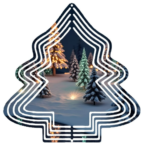 Stylish Metal Hanging Christmas Tree Wind Spinner - Festive Design with Snow - Covered Landscape & Illuminated Trees for Garden Decor