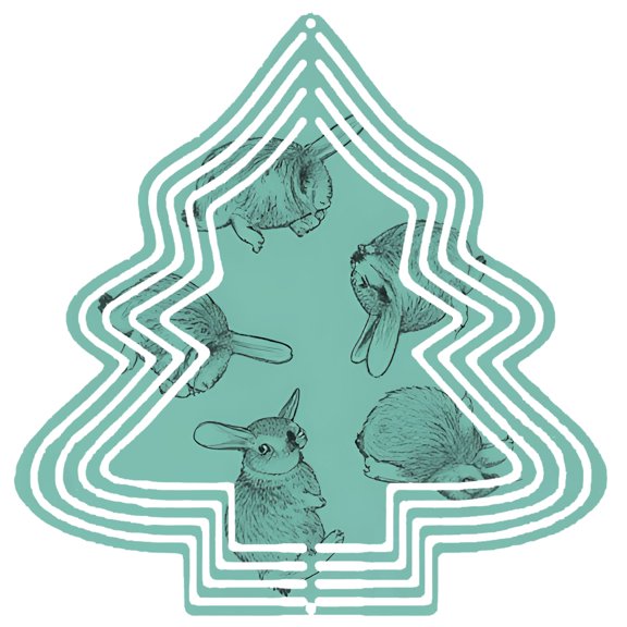 Stylish Metal Hanging Christmas Tree Wind Spinner - Festive Green Design with Layered Circles & Playful Rabbit Illustrations for Garden Decor