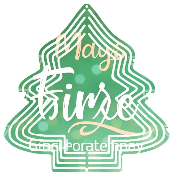 Stylish Metal Hanging Christmas Tree Wind Spinner - Festive Green Design with White Outlines & Cheerful ' Mys Fimse ' Text for Garden Decor
