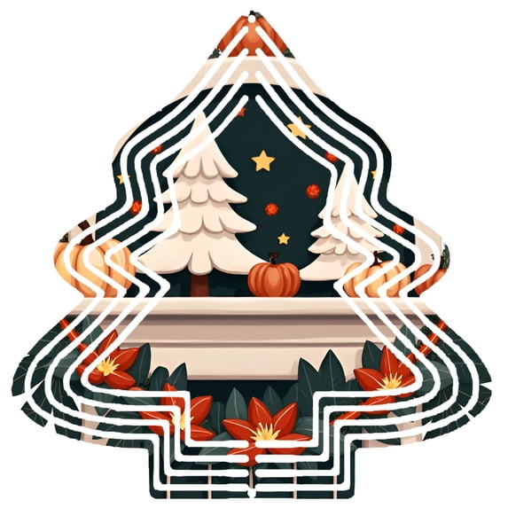 Stylish Metal Hanging Christmas Tree Wind Spinner - Festive Wireframe Design with Snowy Pines & Flowers for Garden Decor