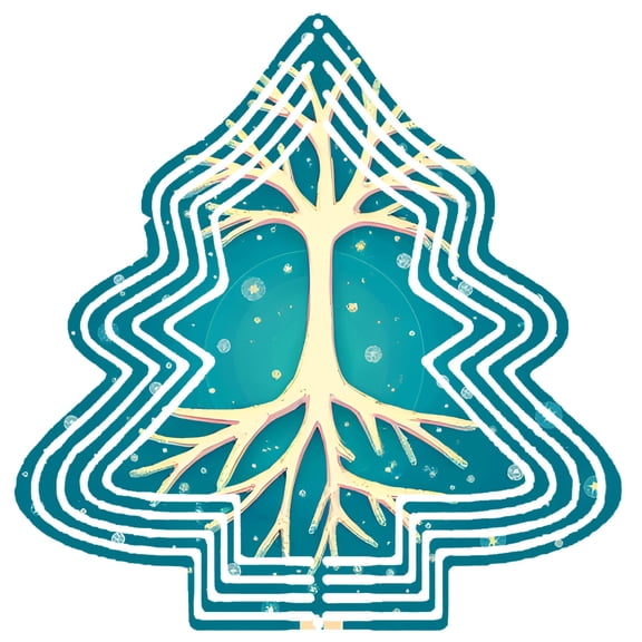 Stylish Metal Hanging Christmas Tree Wind Spinner - Intricate Labyrinth Design with Bright Yellow Trunk & Teal Snowflake Background