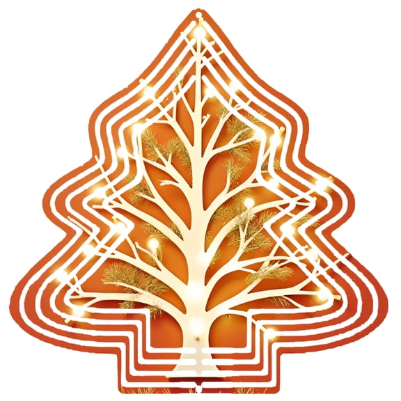 Stylish Metal Hanging Christmas Tree Wind Spinner - Intricate White Tree Design with Orange Layered Lines & Festive Lights for Garden Decor