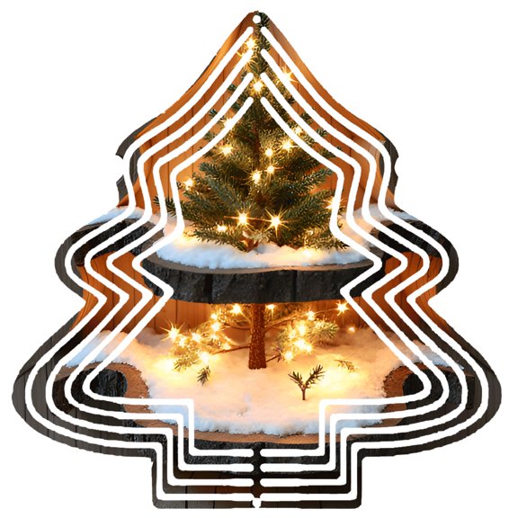Stylish Metal Hanging Christmas Tree Wind Spinner - Modern Design with Concentric Lines & Twinkling Lights for Garden Decor