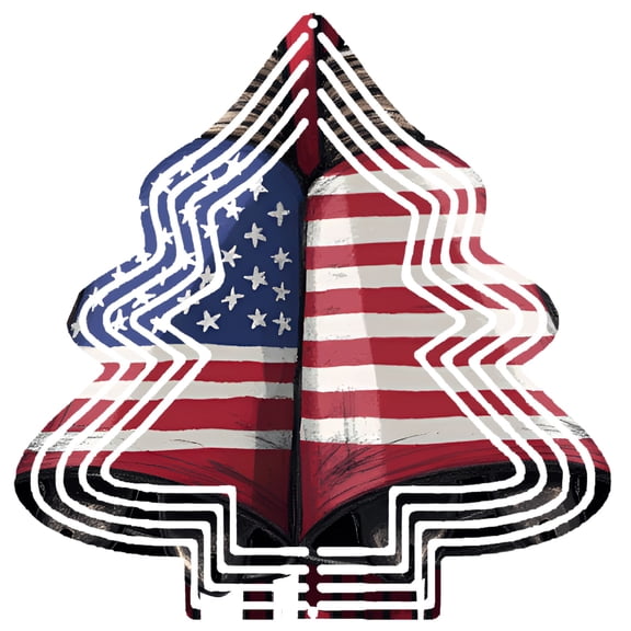 Stylish Metal Hanging Christmas Tree Wind Spinner - Patriotic Design with American Flag Colors Perfect for Yard & Garden Decor