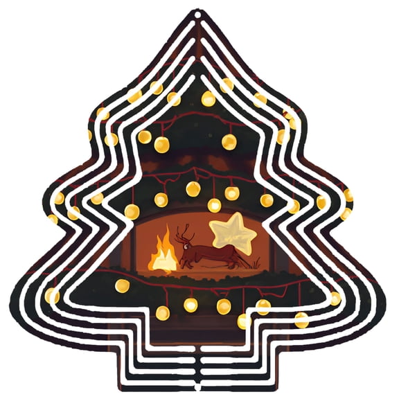 Stylish Metal Hanging Christmas Tree Wind Spinner - Spiral Pattern Design with Cozy Fireplace Scene Perfect for Yard & Garden Decor