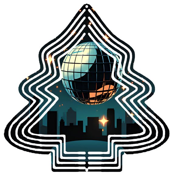 Stylish Metal Hanging Christmas Tree Wind Spinner - Symmetrical Design with Concentric Circles Glowing Star & City Skyline for Garden Decor