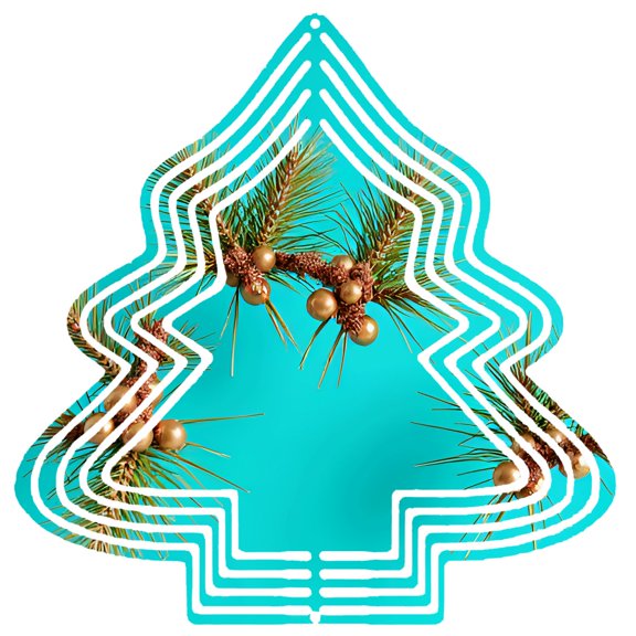 Stylish Metal Hanging Christmas Tree Wind Spinner - Turquoise Background White Outline Pine Pinecones - Perfect for Garden Decor
