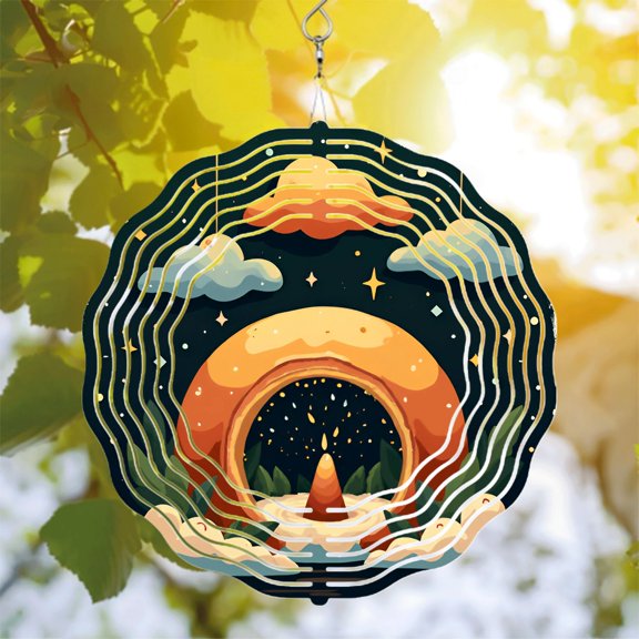 Stylish Metal Hanging Wind Spinner - Circular Night Sky Design with Stars Clouds & Mountain - Perfect for Yard & Garden Decor