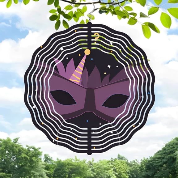 Stylish Metal Hanging Wind Spinner - Purple Unicorn Mask Design with Spiraled Horn Striped Pattern & Playful Question Mark for Garden Decor