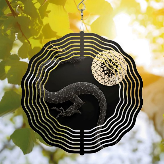 Stylish Metal Hanging Wind Spinner with Abstract Dragon Design & Geometric Flower Pattern - Perfect for Yard & Garden Decor