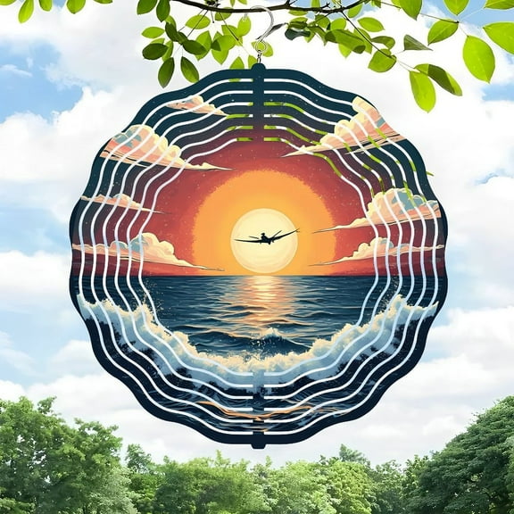 Stylish Metal Hanging Wind Spinner with Airplane and Ocean Sunset Design - Perfect for Yard and Garden Decor Serene and Dynamic