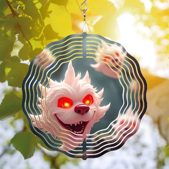 Stylish Metal Hanging Wind Spinner with Cartoon Wolf Design - Bright Red Eyes Teeth Perfect for Yard & Garden Decor