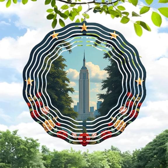 Stylish Metal Hanging Wind Spinner with Concentric Waves & Star Accents - Perfect for Garden & Yard Decor Serene Skyscraper Design
