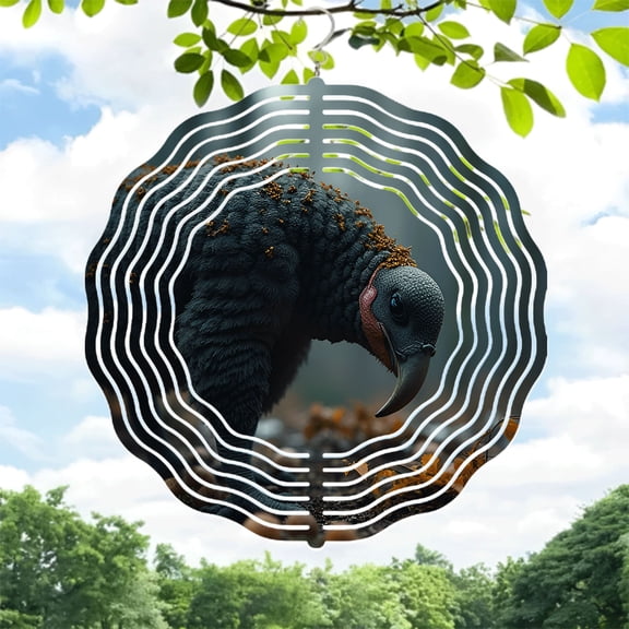 Stylish Metal Hanging Wind Spinner with Concentric White Lines & Artistic Bird Design - Perfect for Yard & Garden Decor