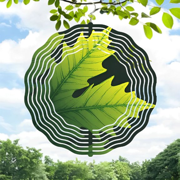 Stylish Metal Hanging Wind Spinner with Intricate Leaf Design & Concentric Wave Patterns - Perfect for Yard & Garden Decor