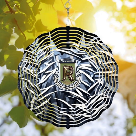 Stylish Metal Hanging Wind Spinner with Intricate Web Design & Central ' R ' Emblem - Perfect for Yard & Garden Decor