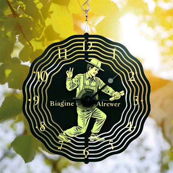 Stylish Metal Hanging Wind Spinner with Retro Clock Design Featuring Cheerful Dancing Man & Concentric Waves - Perfect for Yard & Garden